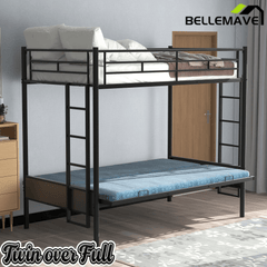 Bellemave Twin Over Full Metal Bunk Bed with Two Side Ladders & Guardrail, Bottom Full Size Bunk Bed Can be Converted into Futon/Seat(Black) - Bellemave