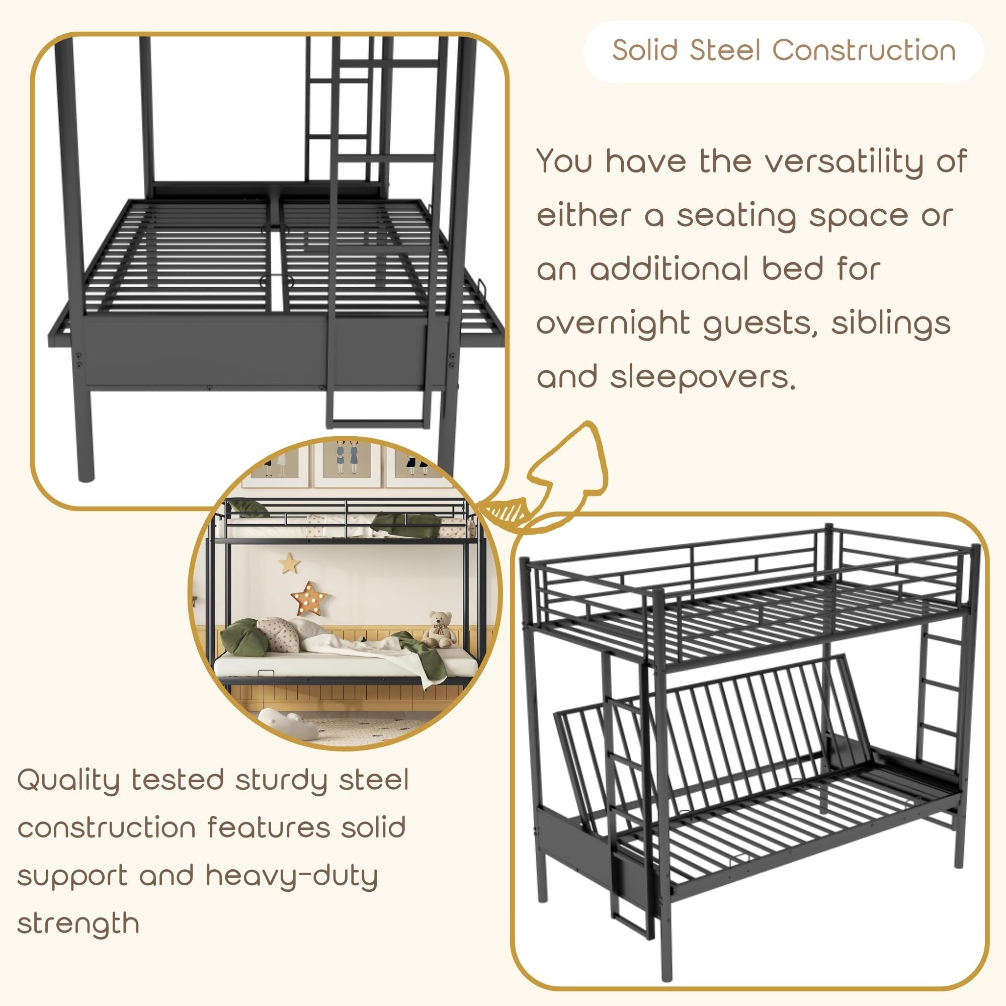 Bellemave Twin Over Full Metal Bunk Bed with Two Side Ladders & Guardrail, Bottom Full Size Bunk Bed Can be Converted into Futon/Seat(Black) - Bellemave