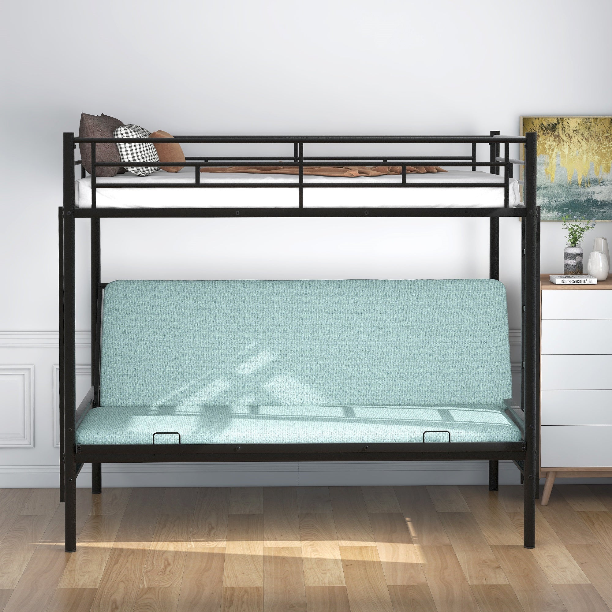 Bellemave Twin Over Full Metal Bunk Bed with Two Side Ladders & Guardrail, Bottom Full Size Bunk Bed Can be Converted into Futon/Seat(Black) - Bellemave