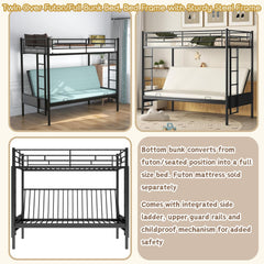 Bellemave Twin Over Full Metal Bunk Bed with Two Side Ladders & Guardrail, Bottom Full Size Bunk Bed Can be Converted into Futon/Seat(Black) - Bellemave
