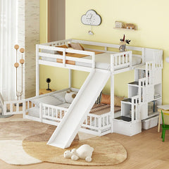 Bellemave® Twin Over Full Pine Solid Wooden Bunk Bed with Slide, Storage Staircase and Safety Guardrails - Bellemave