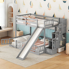 Bellemave® Twin Over Full Pine Solid Wooden Bunk Bed with Slide, Storage Staircase and Safety Guardrails - Bellemave