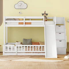 Bellemave® Twin Over Full Pine Solid Wooden Bunk Bed with Slide, Storage Staircase and Safety Guardrails - Bellemave