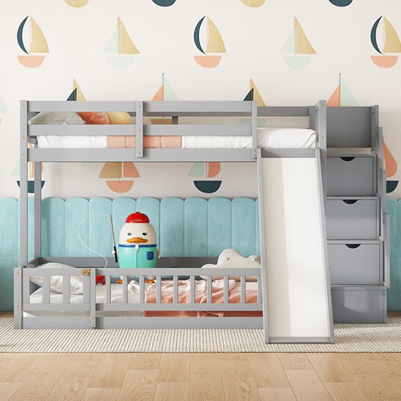 Bellemave® Twin Over Full Pine Solid Wooden Bunk Bed with Slide, Storage Staircase and Safety Guardrails - Bellemave