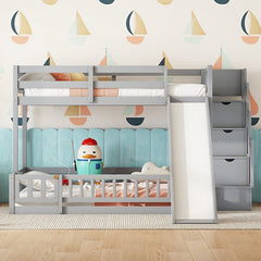 Bellemave® Twin Over Full Pine Solid Wooden Bunk Bed with Slide, Storage Staircase and Safety Guardrails - Bellemave