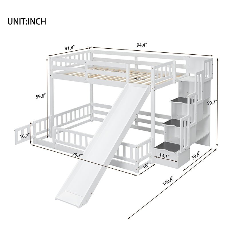 Bellemave® Twin Over Full Pine Solid Wooden Bunk Bed with Slide, Storage Staircase and Safety Guardrails - Bellemave