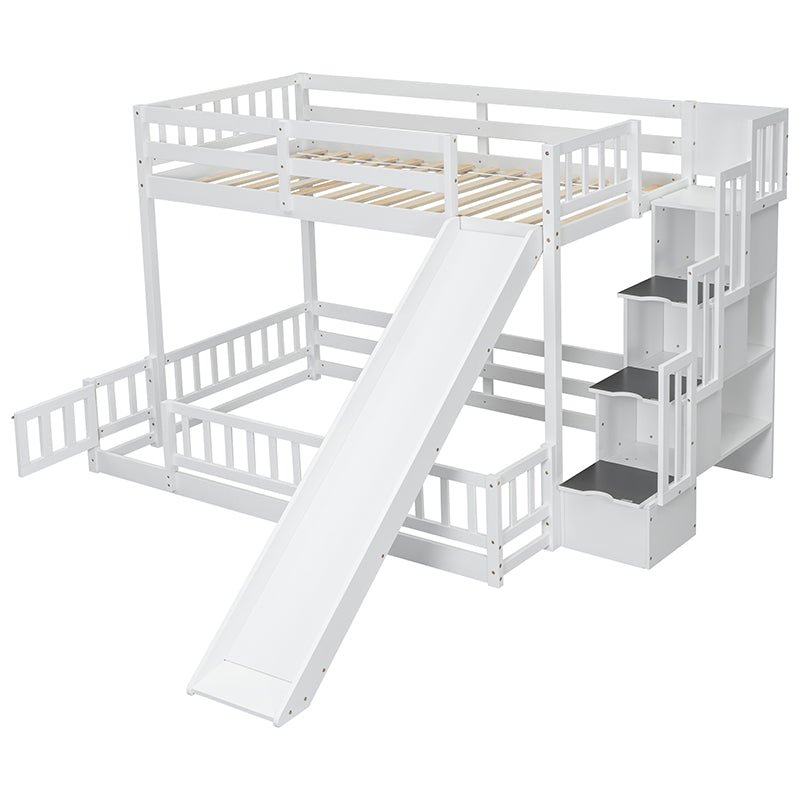 Bellemave® Twin Over Full Pine Solid Wooden Bunk Bed with Slide, Storage Staircase and Safety Guardrails - Bellemave