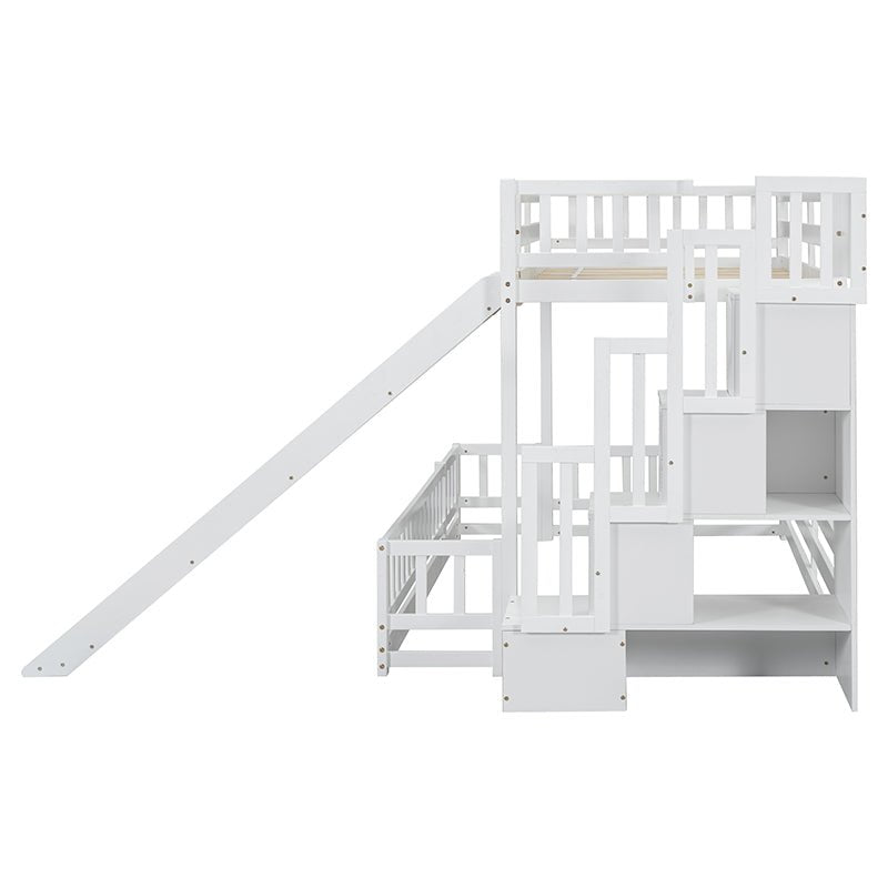 Bellemave® Twin Over Full Pine Solid Wooden Bunk Bed with Slide, Storage Staircase and Safety Guardrails - Bellemave