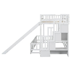 Bellemave® Twin Over Full Pine Solid Wooden Bunk Bed with Slide, Storage Staircase and Safety Guardrails - Bellemave