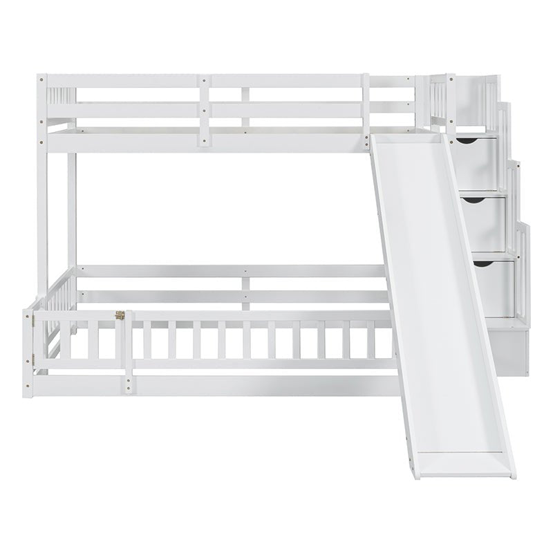 Bellemave® Twin Over Full Pine Solid Wooden Bunk Bed with Slide, Storage Staircase and Safety Guardrails - Bellemave