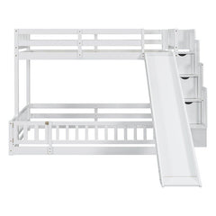 Bellemave® Twin Over Full Pine Solid Wooden Bunk Bed with Slide, Storage Staircase and Safety Guardrails - Bellemave