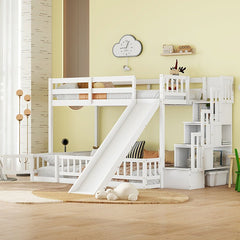 Bellemave® Twin Over Full Pine Solid Wooden Bunk Bed with Slide, Storage Staircase and Safety Guardrails - Bellemave