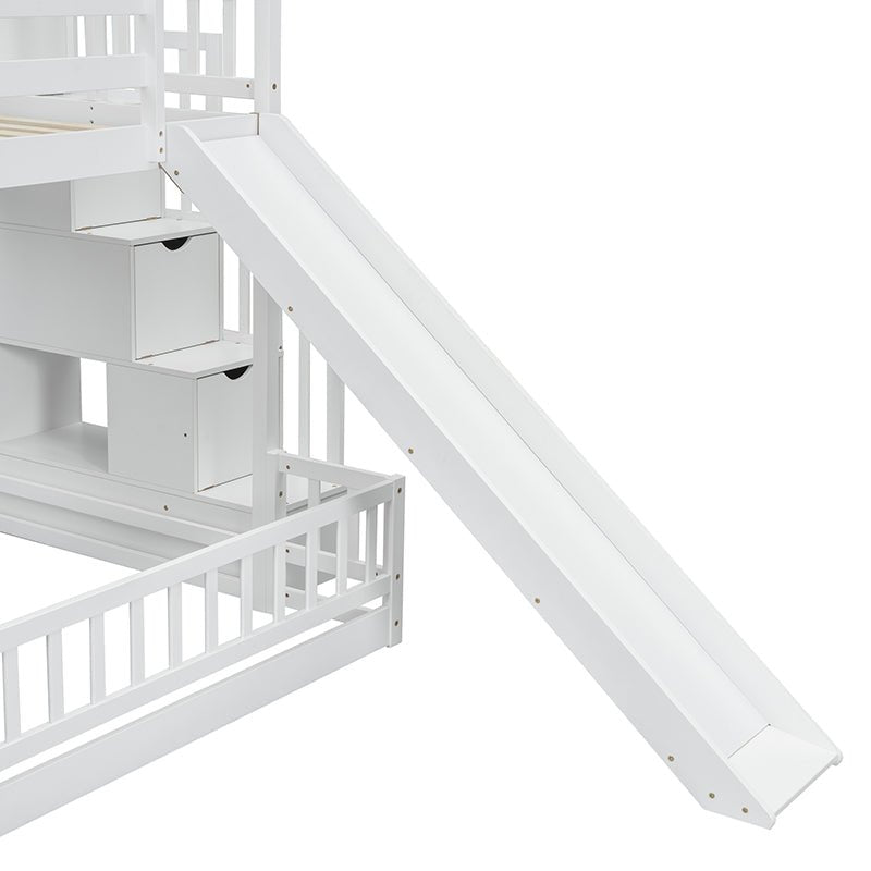 Bellemave® Twin Over Full Pine Solid Wooden Bunk Bed with Slide, Storage Staircase and Safety Guardrails - Bellemave