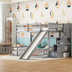 Bellemave® Twin Over Full Pine Solid Wooden Bunk Bed with Slide, Storage Staircase and Safety Guardrails - Bellemave