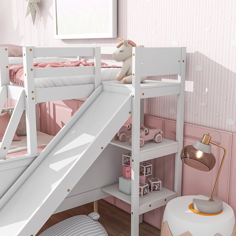 Bellemave® Twin over Full Rubber Wood Bunk Bed with 2 Drawers, Slide, Shelves, Ladder - Bellemave