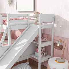 Bellemave® Twin over Full Rubber Wood Bunk Bed with 2 Drawers, Slide, Shelves, Ladder - Bellemave