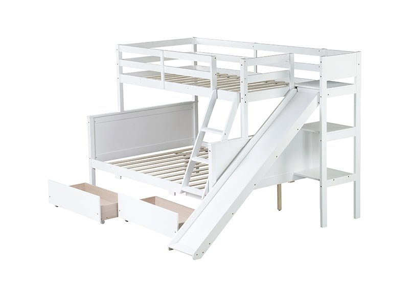 Bellemave® Twin over Full Rubber Wood Bunk Bed with 2 Drawers, Slide, Shelves, Ladder - Bellemave