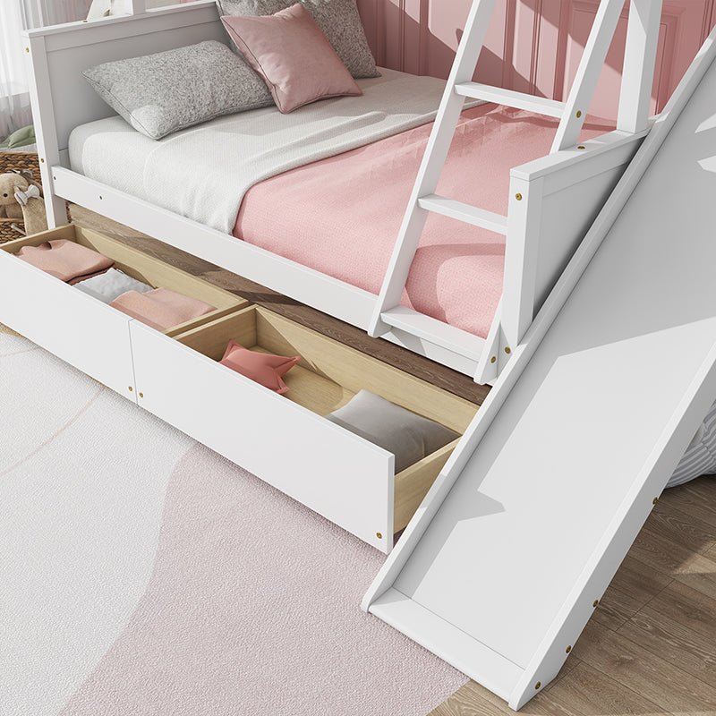 Bellemave® Twin over Full Rubber Wood Bunk Bed with 2 Drawers, Slide, Shelves, Ladder - Bellemave