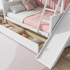 Bellemave® Twin over Full Rubber Wood Bunk Bed with 2 Drawers, Slide, Shelves, Ladder - Bellemave