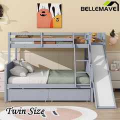 Bellemave® Twin over Full Rubber Wood Bunk Bed with 2 Drawers, Slide, Shelves, Ladder - Bellemave