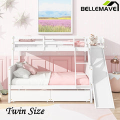 Bellemave® Twin over Full Rubber Wood Bunk Bed with 2 Drawers, Slide, Shelves, Ladder - Bellemave