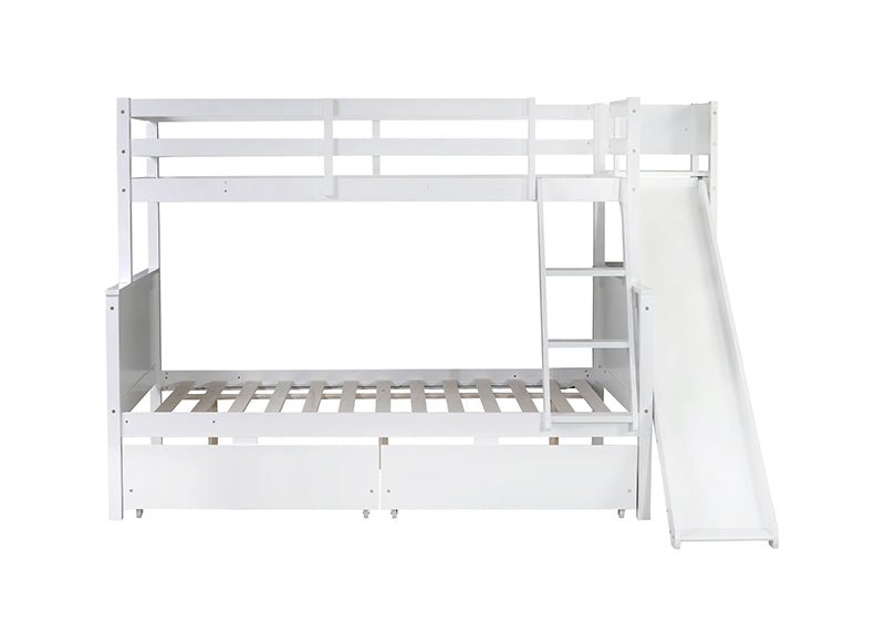 Bellemave® Twin over Full Rubber Wood Bunk Bed with 2 Drawers, Slide, Shelves, Ladder - Bellemave