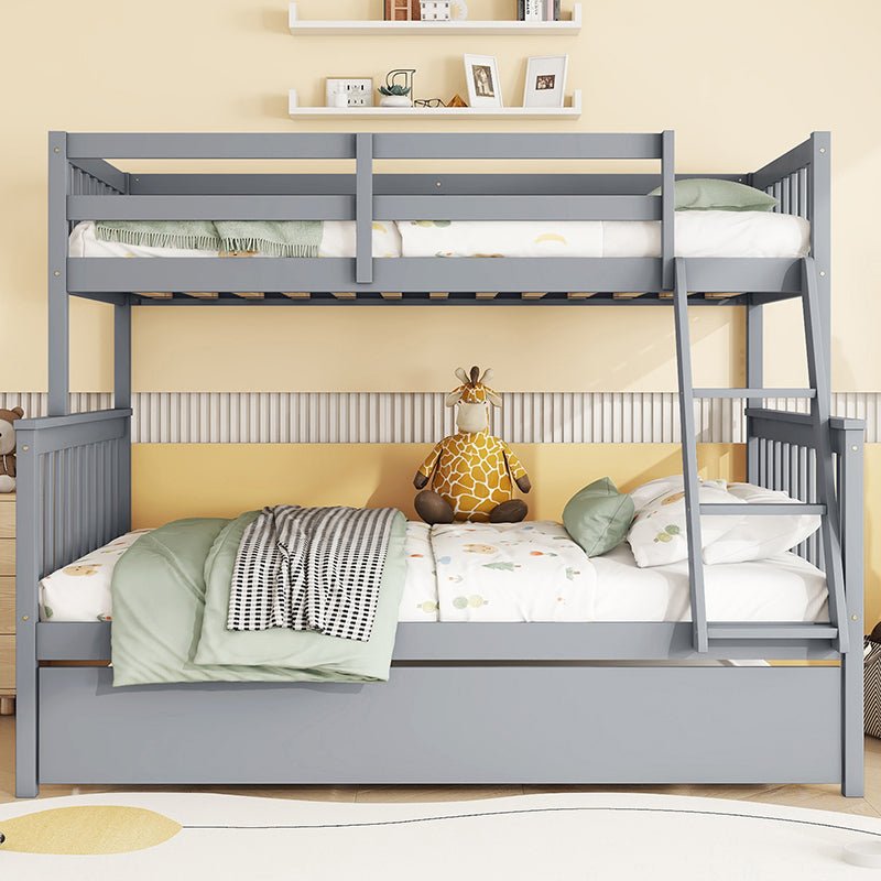 Bellemave® Twin Over Full Rubber Wood Bunk Bed with Twin Size Trundle Bed, Convertible Ladder and Guardrail(Convertible) - Bellemave