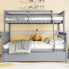 Bellemave® Twin Over Full Rubber Wood Bunk Bed with Twin Size Trundle Bed, Convertible Ladder and Guardrail(Convertible) - Bellemave