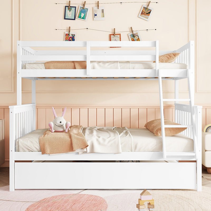 Bellemave® Twin Over Full Rubber Wood Bunk Bed with Twin Size Trundle Bed, Convertible Ladder and Guardrail(Convertible) - Bellemave
