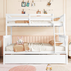 Bellemave® Twin Over Full Rubber Wood Bunk Bed with Twin Size Trundle Bed, Convertible Ladder and Guardrail(Convertible) - Bellemave
