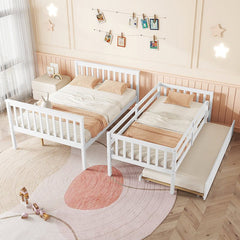 Bellemave® Twin Over Full Rubber Wood Bunk Bed with Twin Size Trundle Bed, Convertible Ladder and Guardrail(Convertible) - Bellemave