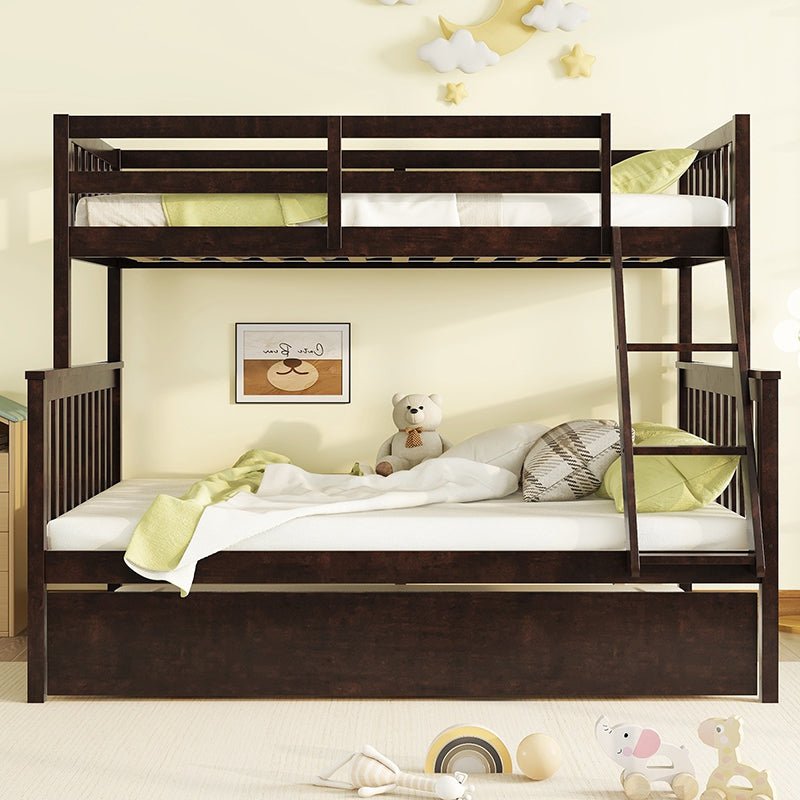 Bellemave® Twin Over Full Rubber Wood Bunk Bed with Twin Size Trundle Bed, Convertible Ladder and Guardrail(Convertible) - Bellemave