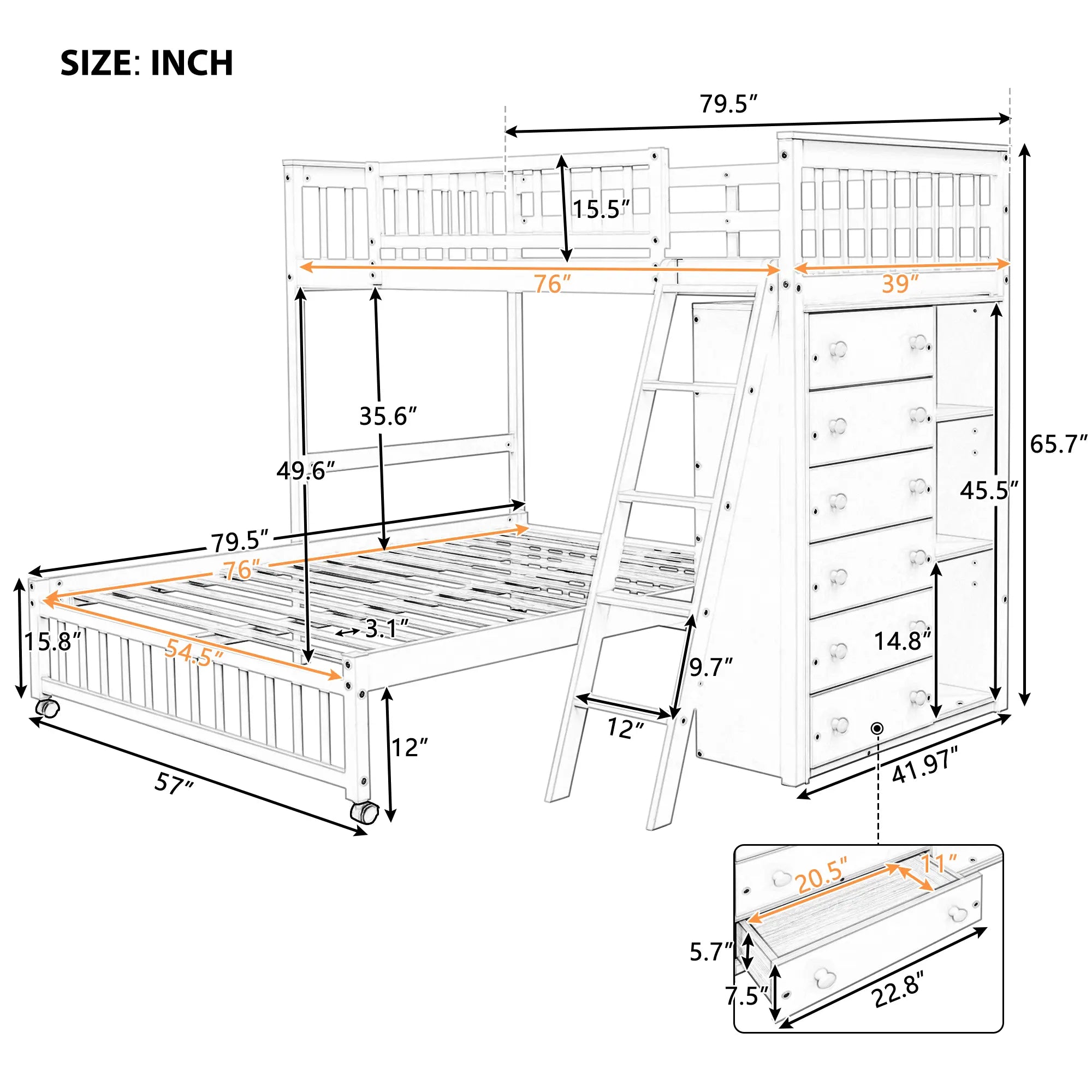 Bellemave® Twin over Full Wooden Bunk Bed with 6 Drawers and Flexible Shelves,Bottom Bed with Wheels - Bellemave