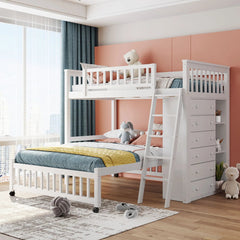 Bellemave® Twin over Full Wooden Bunk Bed with 6 Drawers and Flexible Shelves,Bottom Bed with Wheels - Bellemave