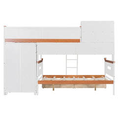 Bellemave® Twin Over Full Wooden Bunk Bed with Wardrobe, Drawers, Shelves and LED Light - Bellemave