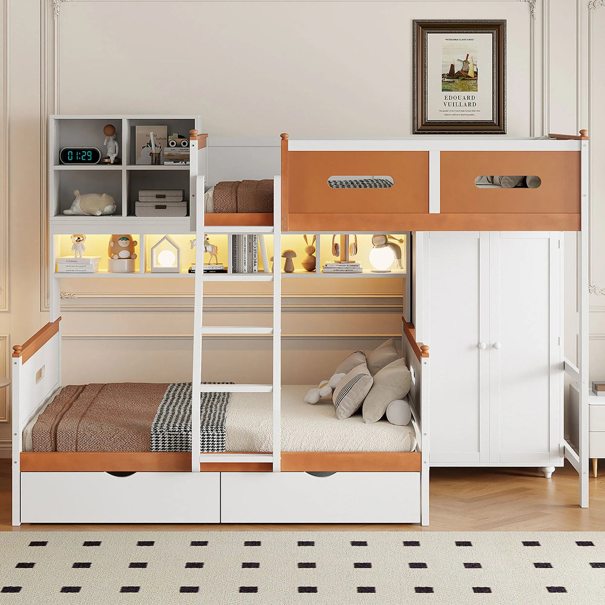 Bellemave® Twin Over Full Wooden Bunk Bed with Wardrobe, Drawers, Shelves and LED Light - Bellemave