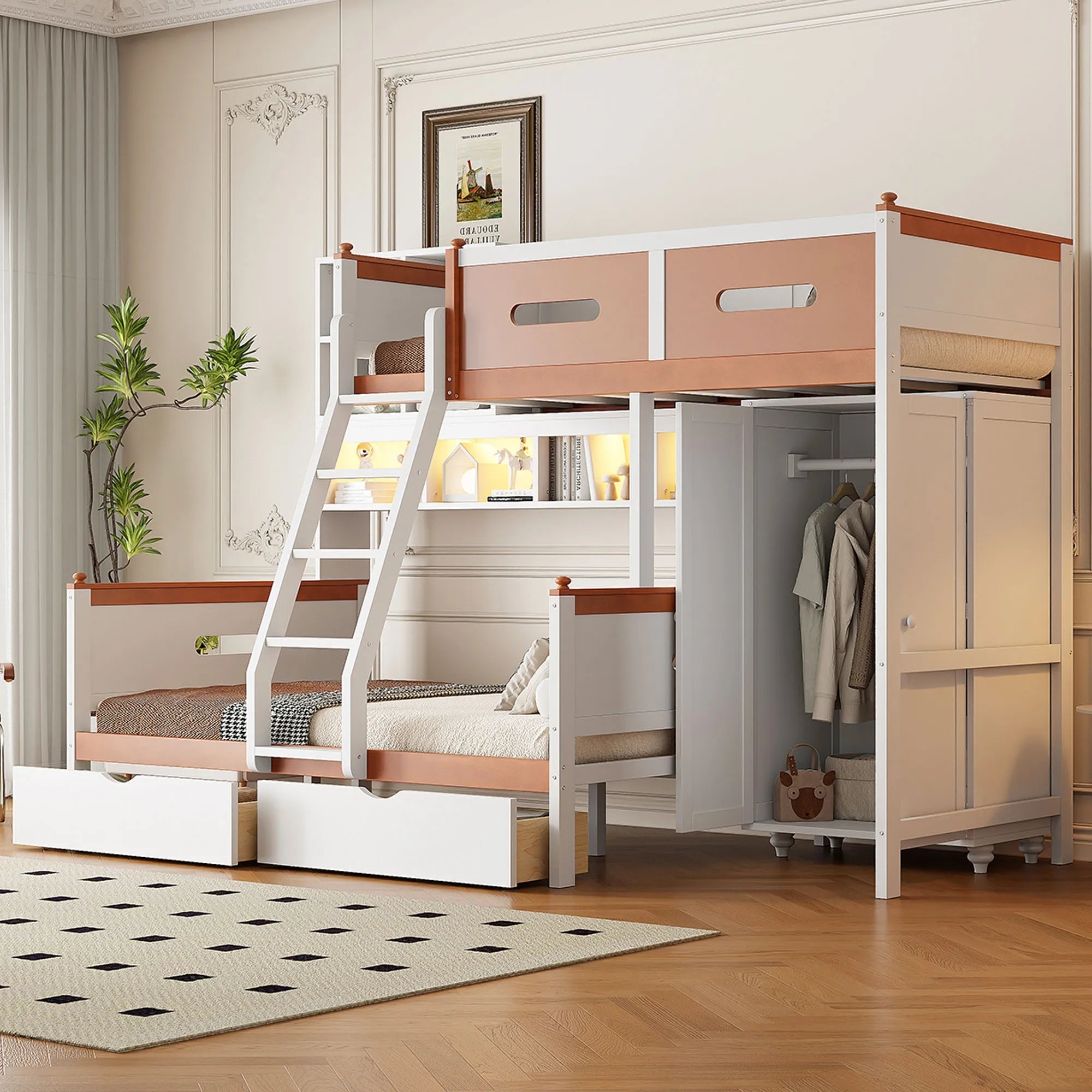 Bellemave® Twin Over Full Wooden Bunk Bed with Wardrobe, Drawers, Shelves and LED Light - Bellemave