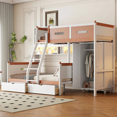 Bellemave® Twin Over Full Wooden Bunk Bed with Wardrobe, Drawers, Shelves and LED Light - Bellemave