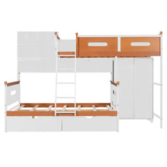 Bellemave® Twin Over Full Wooden Bunk Bed with Wardrobe, Drawers, Shelves and LED Light - Bellemave
