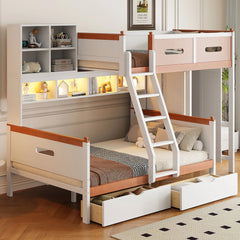 Bellemave® Twin Over Full Wooden Bunk Bed with Wardrobe, Drawers, Shelves and LED Light - Bellemave