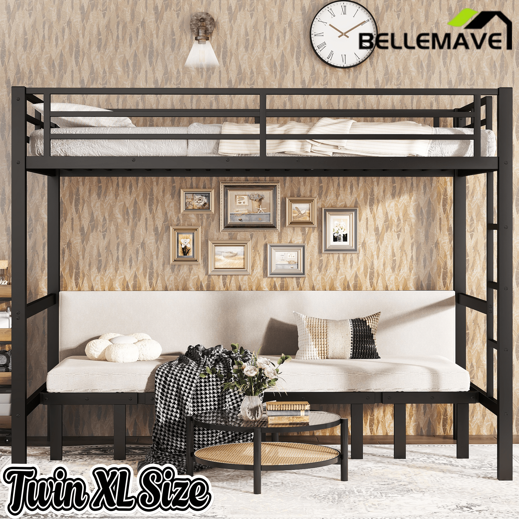 Bellemave® Twin Over Futon bunk Bed, Futon bunk Bed, loft Bed with futon, No Box Spring Needed, Black - Bellemave