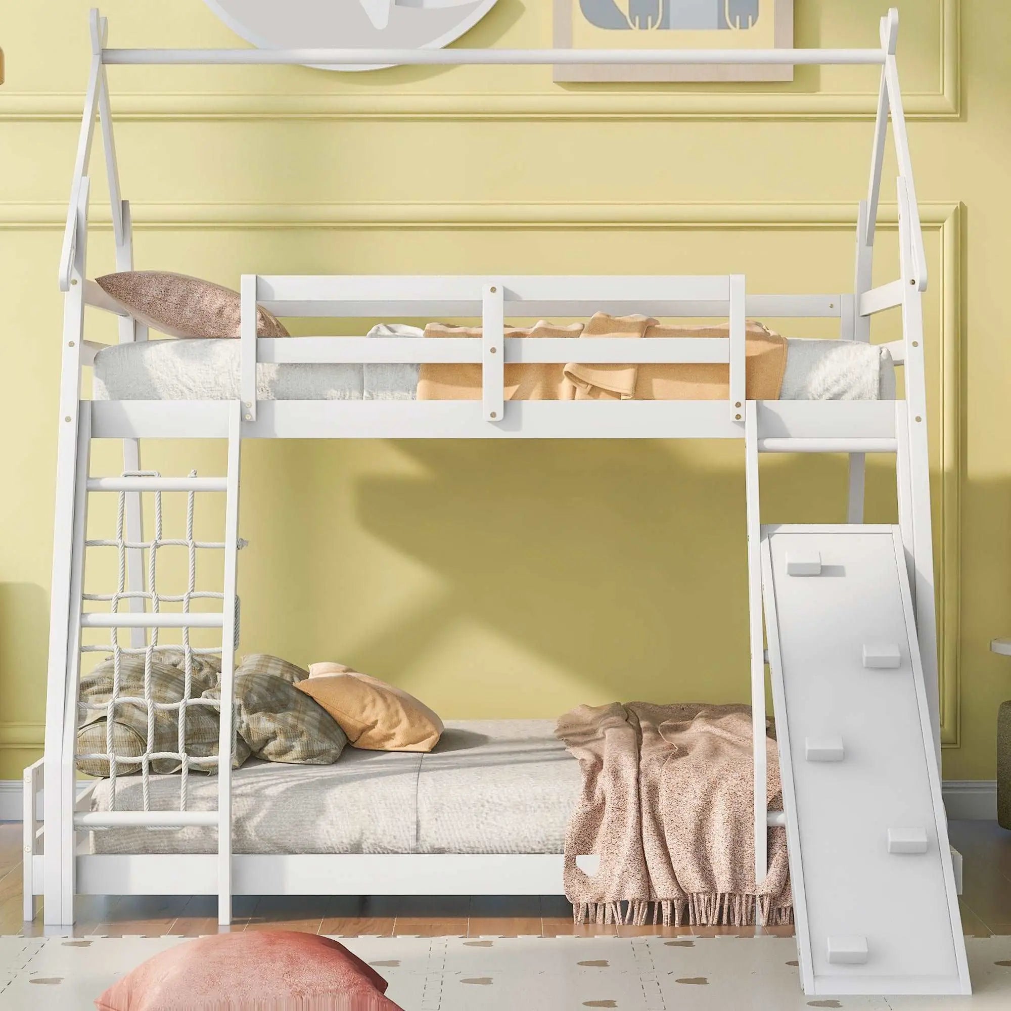 Bellemave® Twin over Queen House Bunk Bed with Climbing Nets and Climbing Ramp - Bellemave
