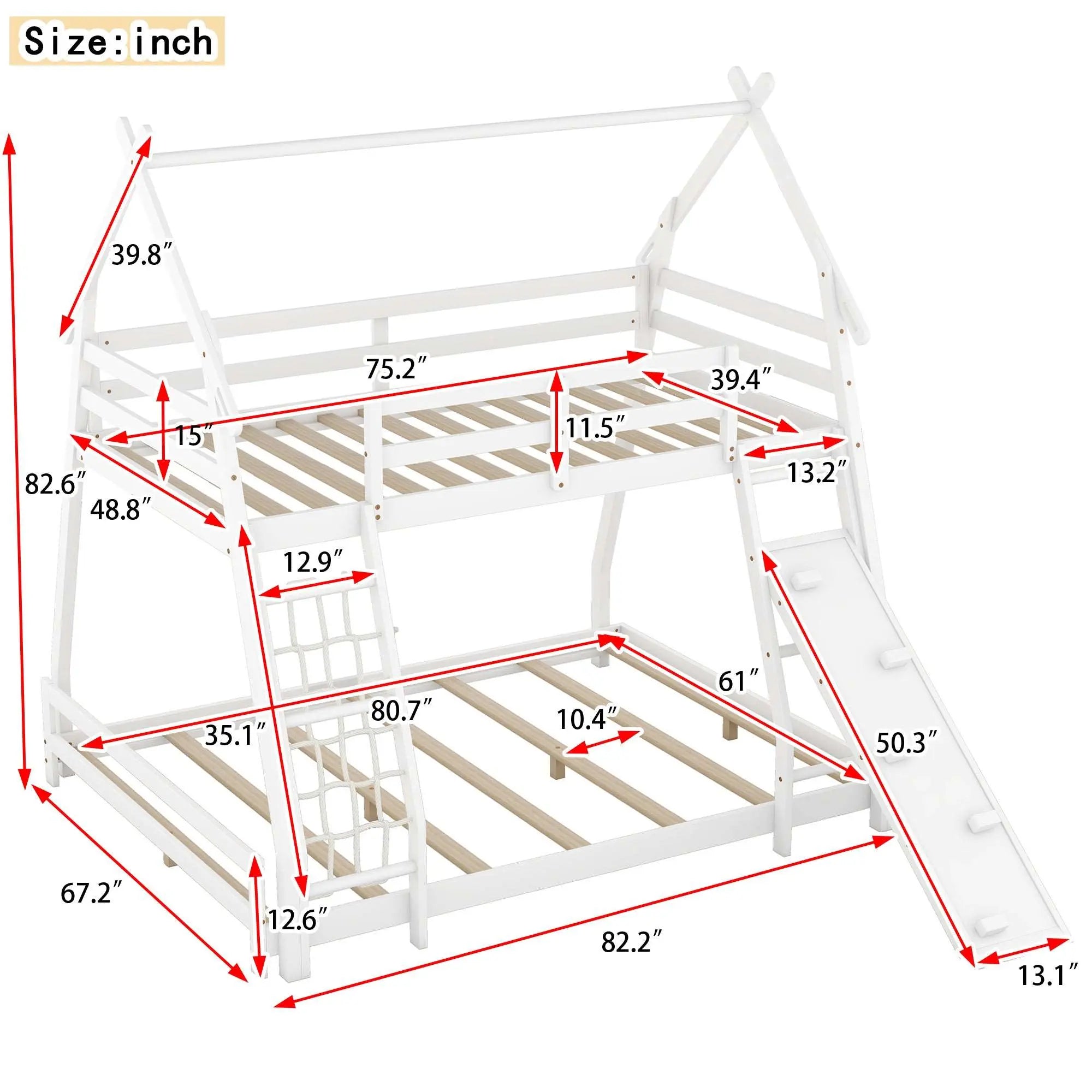 Bellemave® Twin over Queen House Bunk Bed with Climbing Nets and Climbing Ramp - Bellemave