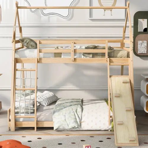 Bellemave® Twin over Queen House Bunk Bed with Climbing Nets and Climbing Ramp - Bellemave