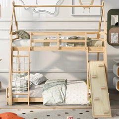 Bellemave® Twin over Queen House Bunk Bed with Climbing Nets and Climbing Ramp - Bellemave