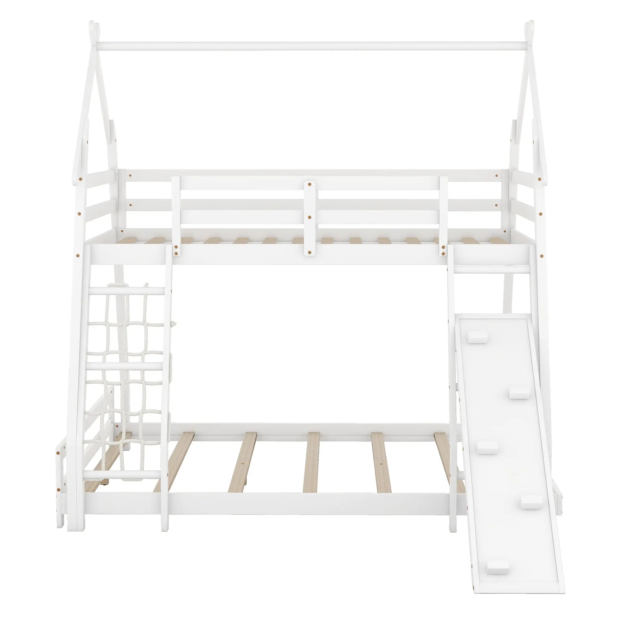Bellemave® Twin over Queen House Bunk Bed with Climbing Nets and Climbing Ramp - Bellemave
