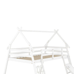 Bellemave® Twin over Queen House Bunk Bed with Climbing Nets and Climbing Ramp - Bellemave