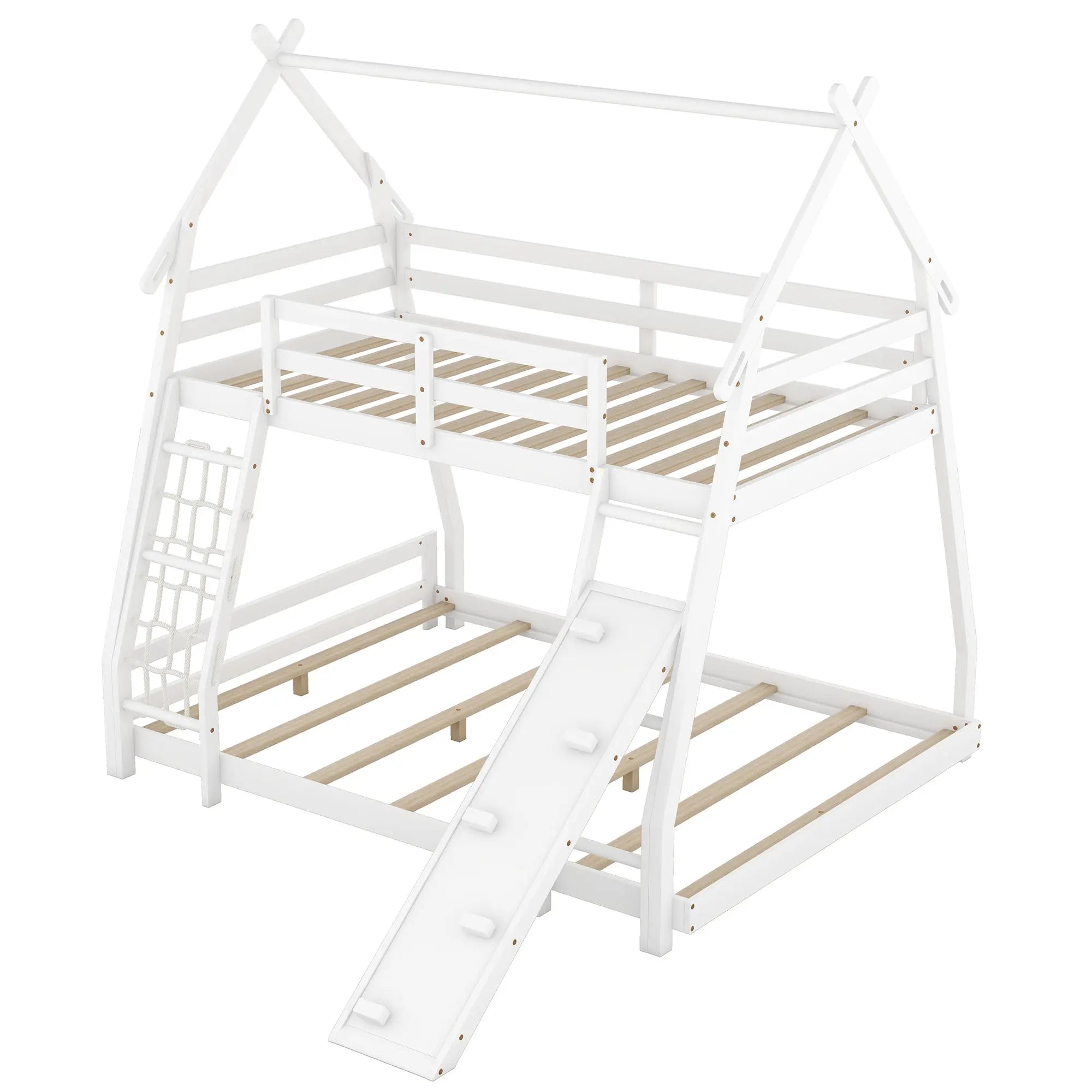 Bellemave® Twin over Queen House Bunk Bed with Climbing Nets and Climbing Ramp - Bellemave
