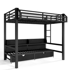Bellemave® Twin Over Twin Bunk Bed with 2 Drawers, Shelves, LED Lights & USB Ports, the Lower Can be Converted into Sofa, Black - Bellemave