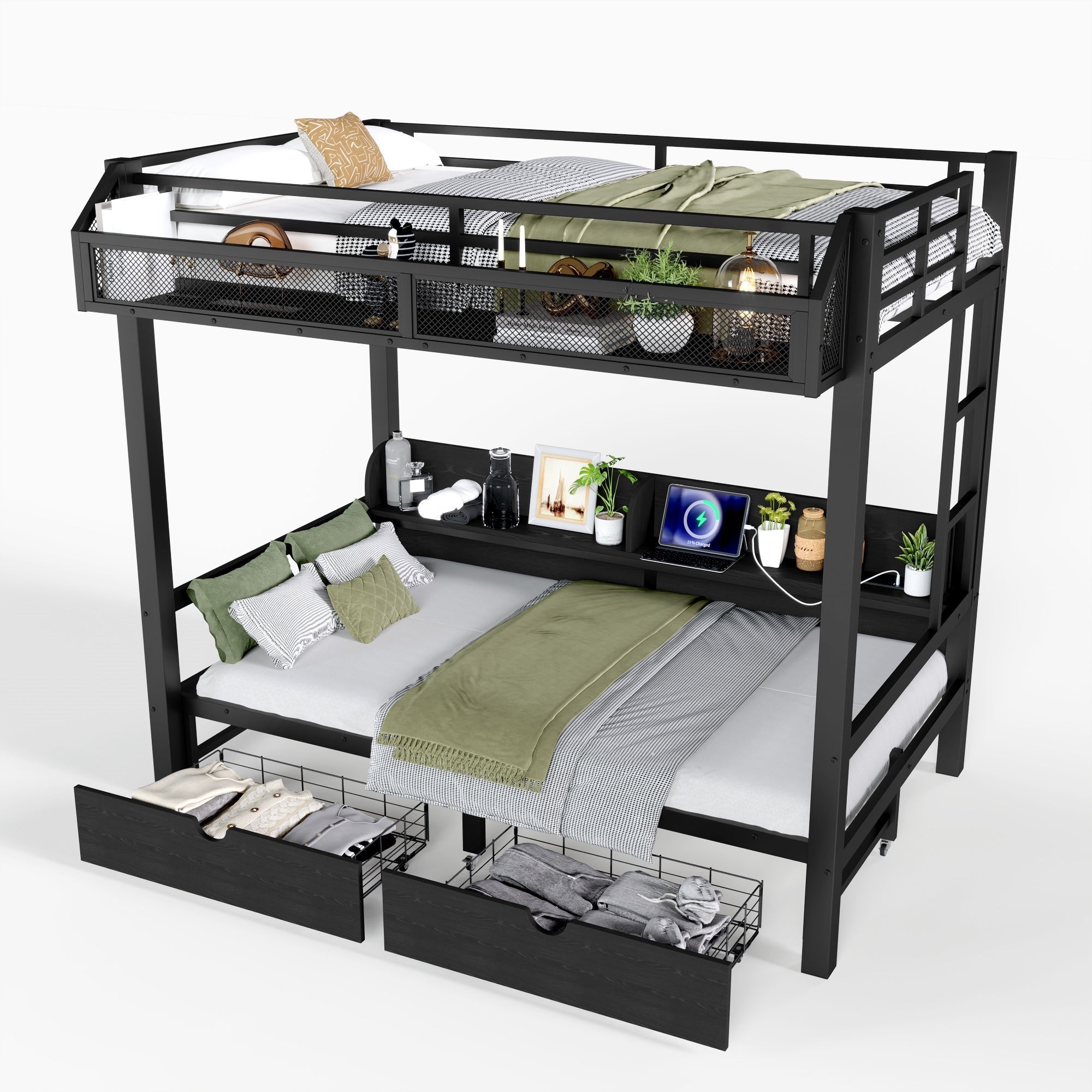 Bellemave® Twin Over Twin Bunk Bed with 2 Drawers, Shelves, LED Lights & USB Ports, the Lower Can be Converted into Sofa, Black - Bellemave
